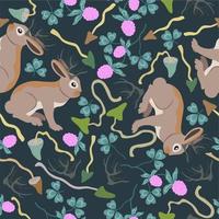 Vector seamless pattern with jackalopes, clover and mushrooms on dark background.