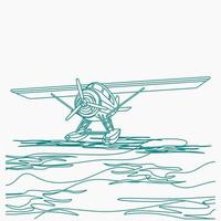 Editable Front Semi Oblique View Pontoon Floating Plane on a Water Vector Illustration in Outline Style for Transportation or Recreation Related Design