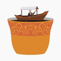 Editable Vector of Arab Businessman Rowing Boat on A Cup of Arabic Coffee for Business Illustration With Arab Culture or Cafe Related Design