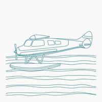 Editable Side View Pontoon Plane Flying Over a Wavy Lake Vector Illustration in Outline Style for Transportation or Recreation Related Design