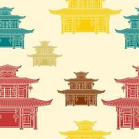 editable estilo monocromático plano tres techos edificio chino tradicional ilustración vectorial en varios colores como patrón sin fisuras para crear antecedentes de historia oriental y diseño relacionado con la cultura vector