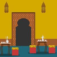 Editable Traditional Patterned Arabic Coffee Shop Interior Vector Illustration With Dallah Pot and Finjan Cups on Table for Islamic Moments or Arabian Culture Cafe Related Design