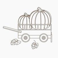 Editable Side View Pumpkins in Cart Vector Illustration with Foliage in Outline Style for Thanksgiving Greeting Design