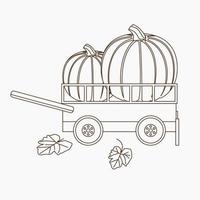 Editable Side View Pumpkins in Cart Vector Illustration with Foliage in Outline Style for Thanksgiving Greeting Design