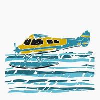 Editable Side View Pontoon Plane Flying Over a Wavy Lake Vector Illustration in Brush Strokes Style for Transportation or Recreation Related Design