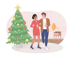 Couple celebrating Christmas 2D vector isolated illustration. Happy flat characters on cartoon background. New Year party colourful editable scene for mobile, website, presentation