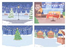 Winter outdoor scenes on Christmas eve flat color vector illustration set. Xmas market. Coffee shop. Park. Fully editable 2D simple cartoon cityscapes, interior collection with on background