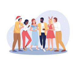 Friends celebrating Christmas 2D vector isolated illustration. Seasonal celebration flat characters on cartoon background. Party colourful editable scene for mobile, website, presentation