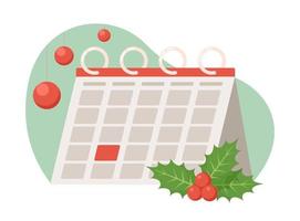 Christmas calendar 2D vector isolated illustration. Holiday planning flat object on cartoon background. Wintertime schedule colourful editable scene for mobile, website, presentation