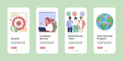 Choose right company onboarding mobile app screen flat template. Walkthrough website 4 steps with characters. Editable business benefits UX, UI, GUI smartphone cartoon interfaces vector