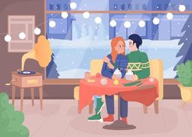 Couple in coffee shop flat color vector illustration. Xmas holiday. Date with hot drinks. Winter season. Fully editable 2D simple cartoon characters with festive Christmas atmosphere on background