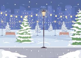 Night winter park with street light flat color vector illustration. Xmas holiday celebration. Wonderland scene. Fully editable 2D simple cartoon cityscape with Christmas scenery on background