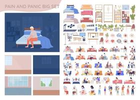 Pain and panic 2D vector isolated illustrations big set. Flat characters, objects with cartoon backgrounds. Editable constructor for web graphic design and animation