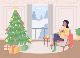 Drinking hot cocoa at home flat color vector illustration. Xmas holiday. Cozy weekends. Winter season. Fully editable 2D simple cartoon characters with festive Christmas atmosphere on background