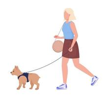 Lady walk small breed dog semi flat color vector characters. Editable figures. Full body person on white. Dog owner simple cartoon style illustration for web graphic design and animation