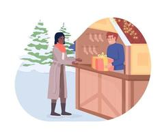 Buying presents 2D vector isolated illustration. Holiday shopping flat characters on cartoon background. Christmas fair trade colourful editable scene for mobile, website, presentation