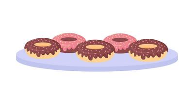 donuts con glaseado de chocolate objeto vectorial de color semiplano. elemento editable. artículo de tamaño completo en blanco. delicioso postre simple ilustración de estilo de dibujos animados para diseño gráfico web y animación vector