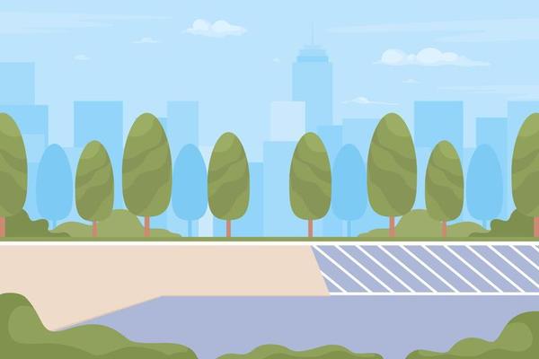 Roadside trees flat color vector illustration. Public place. Summertime. Skyscrapers and buildings. City infrastructure. Fully editable 2D simple cartoon cityscape with park on background