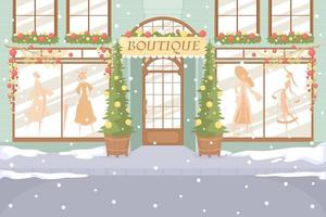 Boutique facade flat color vector illustration. Xmas holiday celebration. Wonderland scene. Fully editable 2D simple cartoon cityscape with Christmas scenery on background
