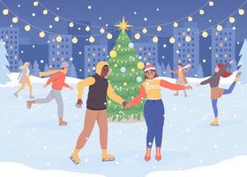 Christmas skating rink flat color vector illustration. Xmas holiday. Winter season. Skating enthusiasts. Fully editable 2D simple cartoon characters with festive Christmas atmosphere on background