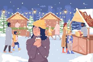 Christmas fair flat color vector illustration. Girl drinking hot chocolate with marshmallow. Xmas holiday. Fully editable 2D simple cartoon characters with festive Christmas atmosphere on background