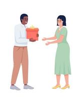 Couple exchanging gifts semi flat color vector character. Editable figure. Full body people on white. Anniversary simple cartoon style illustration for web graphic design and animation