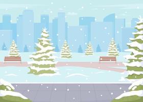 Winter outdoor scenes on Christmas eve flat color vector illustration set. Xmas market. Coffee shop. Park. Fully editable 2D simple cartoon cityscapes, interior collection with on background