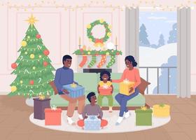 Unwrapping presents with family flat color vector illustration. Wintertime. Holiday tradition. Decorated home. Fully editable 2D simple cartoon characters with christmas tree on background