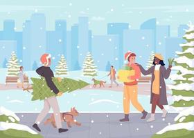 Winter park flat color vector illustration. Xmas holiday fuss. Dog walkers. Winter season preparedness. Fully editable 2D simple cartoon characters with festive Christmas atmosphere on background