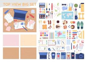 Top view items 2D vector isolated illustrations big set. Pack of flat objects with cartoon backgrounds. Colourful editable constructor for web graphic design and animation