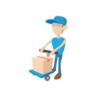 Delivery man with cart icon, cartoon style vector