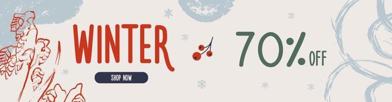 Vector modern horizontal hand drawn Christmas sale banner with various seasonal abstract elements.