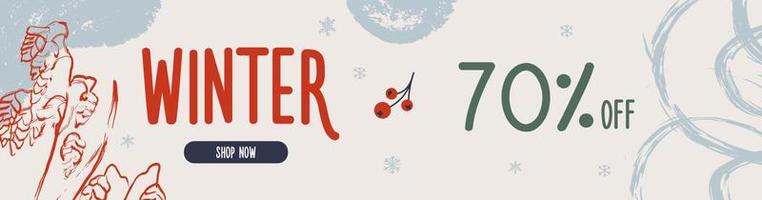 Vector modern horizontal hand drawn Christmas sale banner with various seasonal abstract elements.