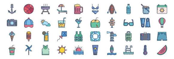 Collection of icons related to Summer and Holiday, including icons like Anchor, Ball, Bbq, Beach Chair and more. vector illustrations, Pixel Perfect set