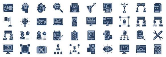 Collection of icons related to UX UI, including icons like Analytics, brainstorming, Coding, Feedback, Innovation and more. vector illustrations, Pixel Perfect set