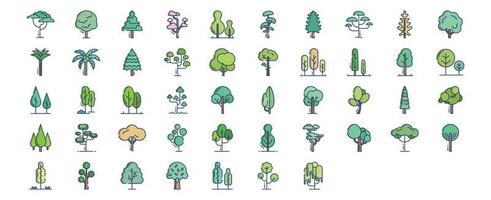 Collection of icons related to Tree, including icons like Acacia, Arborvitae, Cypress, Elm and more. vector illustrations, Pixel Perfect set