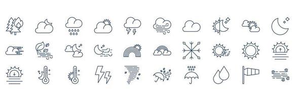 Collection of icons related to weather forecast, including icons like Thunder, Rain, Wind, Temperature and more. vector illustrations, Pixel Perfect set