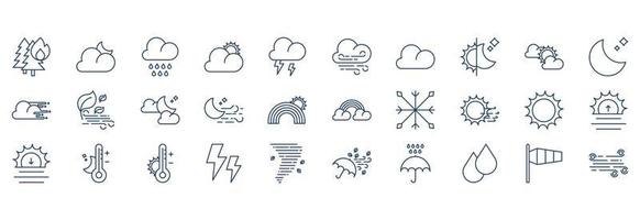 Collection of icons related to weather forecast, including icons like Thunder, Rain, Wind, Temperature and more. vector illustrations, Pixel Perfect set