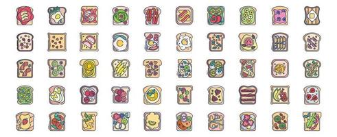 Collection of icons related to Toast topping, including icons like Bacon, Avocado, Butter, Mushroom,  and more. vector illustrations, Pixel Perfect set
