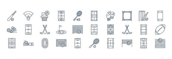 Collection of icons related to Stadiums and Games, including icons like Baseball Game, Basketball, Boxing, cricket and more. vector illustrations, Pixel Perfect set