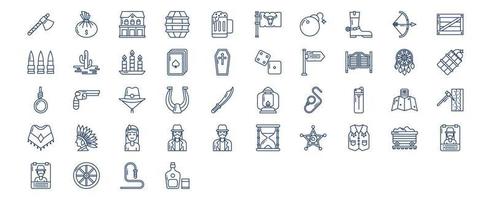 Collection of icons related to Wild west and cowboy, including icons like Gun, gallows, Horseshoe, Knife and more. vector illustrations, Pixel Perfect set