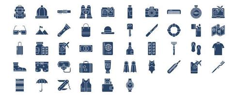 colección de íconos relacionados con accesorios de viaje, incluidos íconos como mochila, gorro, libro, cámara y más. ilustraciones vectoriales, conjunto perfecto de píxeles vector