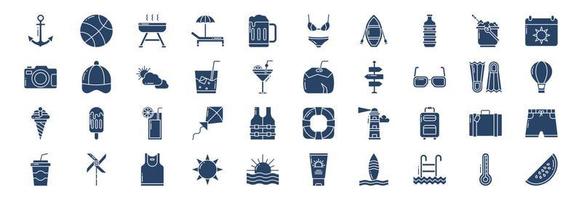 Collection of icons related to Summer and Holiday, including icons like Anchor, Ball, Bbq, Beach Chair and more. vector illustrations, Pixel Perfect set