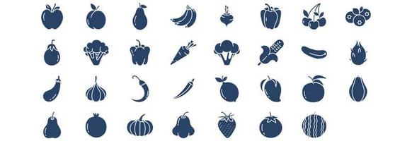 Collection of icons related to Vegan, including icons like Apple, Apricot, Avocado, Bananas and more. vector illustrations, Pixel Perfect set