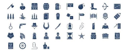 Collection of icons related to Wild west and cowboy, including icons like Gun, gallows, Horseshoe, Knife and more. vector illustrations, Pixel Perfect set