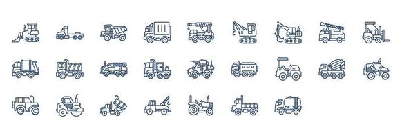 Collection of icons related to Vehicles, including icons like crane, Fire truck, Truck,  and more. vector illustrations, Pixel Perfect set