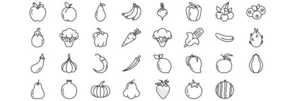 Collection of icons related to Vegan, including icons like Apple, Apricot, Avocado, Bananas and more. vector illustrations, Pixel Perfect set