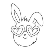 Cute groovy hare bunny rabbit in heart shaped sunglasses. Simple black and white contour drawing vector illustration isolated on white. Christmas character, symbol of New Year 2023