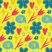 Cool groovy hand drawn seamless pattern with different funky elements stickers. Hand drawn funny hearts, speech bubble, flowers, stars. Trendy modern y2k yellow retro wallpaper vector