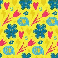 Cool groovy hand drawn seamless pattern with different funky elements stickers. Hand drawn funny hearts, speech bubble, flowers, stars. Trendy modern y2k yellow retro wallpaper vector